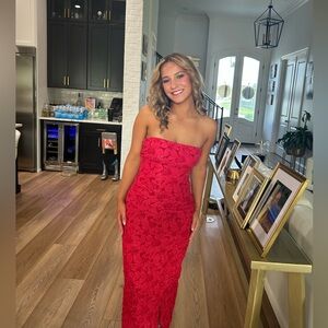 Hello Molly Strapless Red Lace Midi Dress